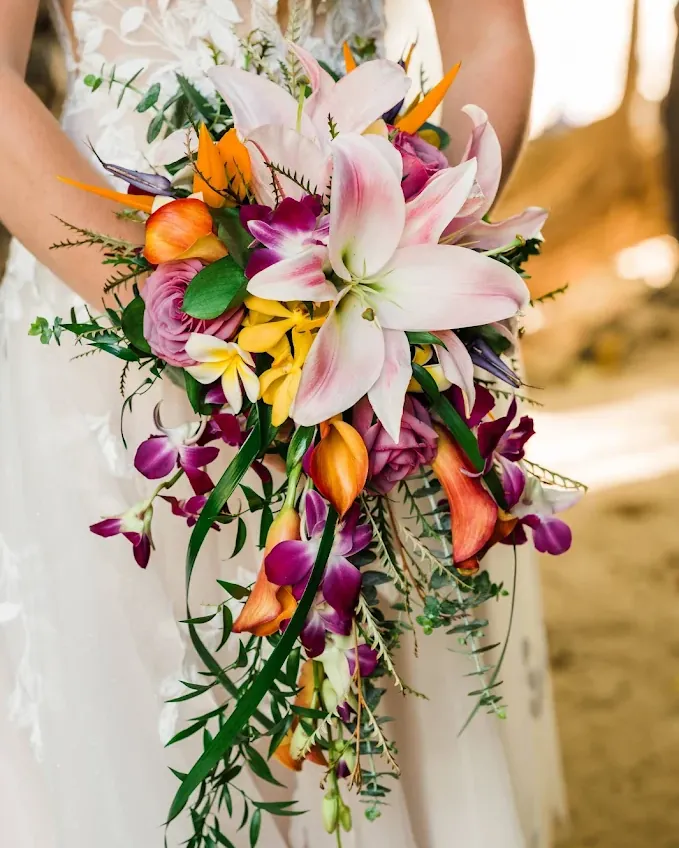 A cascading tropical bridal bouquet